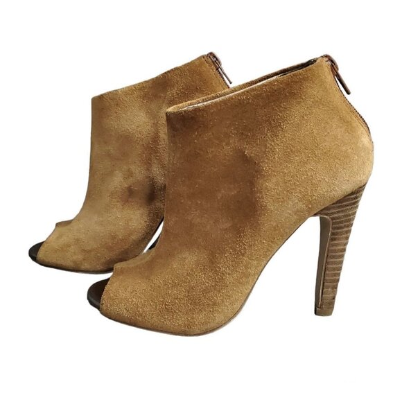 ❤️356 Julianne Hough for Sole Society Angela Peep Toe Leather Tan Bootie Heels - Picture 4 of 11